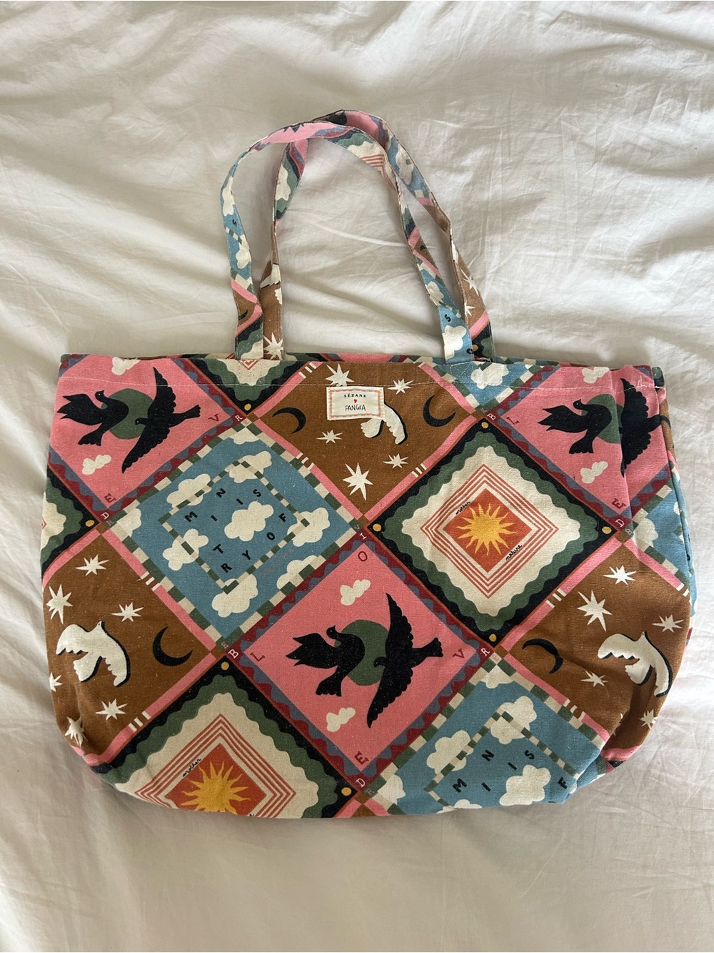 Sezane x Pangea Collaboration Canvas Patchwork Tote Bag in Pink, Brown & Blue
